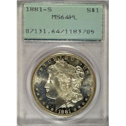 1881 S MORGAN DOLLAR PCGS MS64 PL RATTLER HOLDER