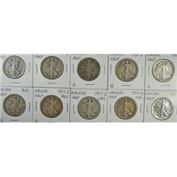 10 WALKING LIBERTY HALF DOLLARS (17,17-D OBV, 17-S OBV, 17-S REV,  18, 18-D,18-S