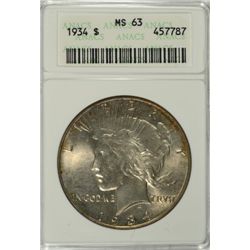 1934 PEACE DOLLAR ANACS MS63