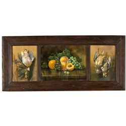 Oil Pastel Triptych of Game Fowl and Fruit