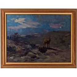 CA,Alhambra-,Oil Painting of Nocturnal Coyote Study in Style of Frank Tenney Johnson