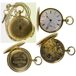 ,Switzerland - Locle-,Size 8 Henry Beguelin 15 Jeweled 18k Pocket Watch with Key and Chain
