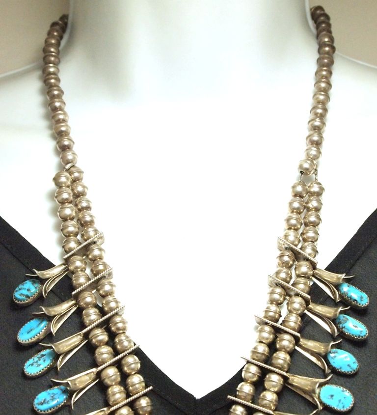 Old Pawn Navajo Turquoise Sterling Silver Squash Blossom Necklace Doris Smallcanyon