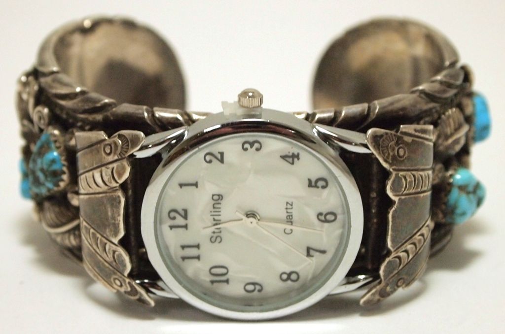 Vintage Old Pawn Navajo Turquoise Sterling Silver Cuff Bracelet Men's Watch