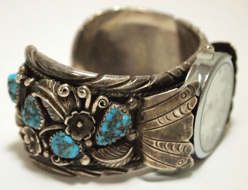 Vintage Old Pawn Navajo Turquoise Sterling Silver Cuff Bracelet Men's Watch