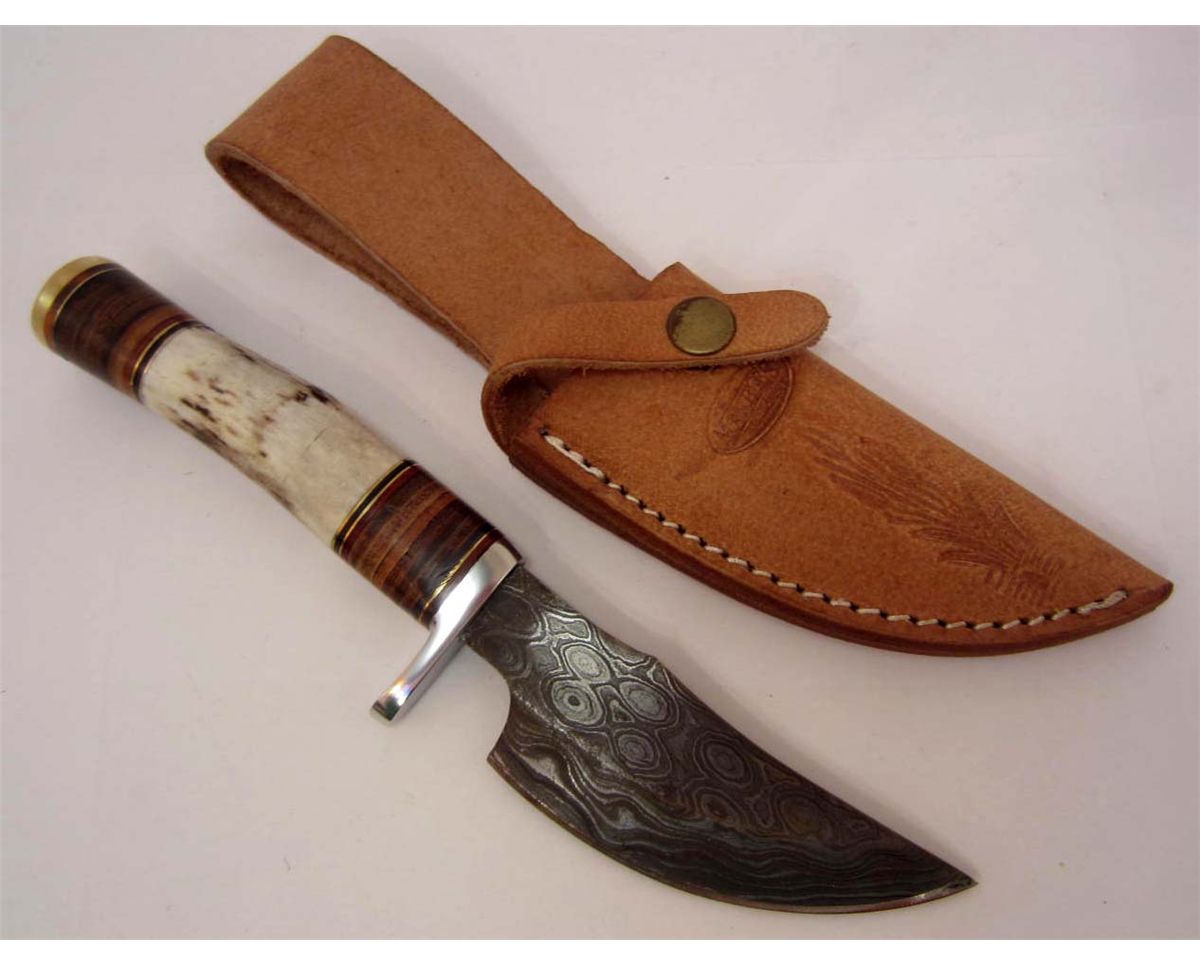 MARBLES DAMASCUS SKINNER KNIFE W/ STAG & STACKED LEATHER HANDLE & SHEATH