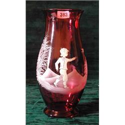 A Mary Gregory type Cranberry glass vase, height 25cm...