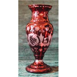 A Victorian Bavarian etched ruby glass baluster form vase, height 31.5cm...