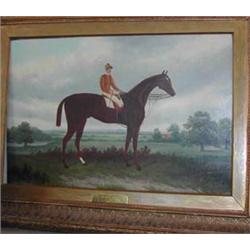 A gilt framed naive oil on canvas of the horse "Bend-Or" with Fred Archer up,...