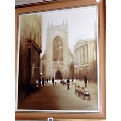 Anthony Robert Klitz; a framed oil on canvas of Bath Cathedral with figures in...