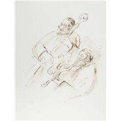 Ira Moskowitz, Two Double Bass Players, Ink Drawing