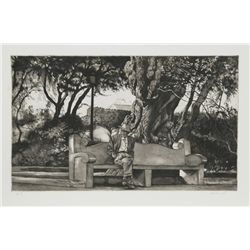 Harry McCormick, Man on Bench, Aquatint Etching