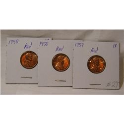 (3) 1958 UNC. Red Lincoln Cents