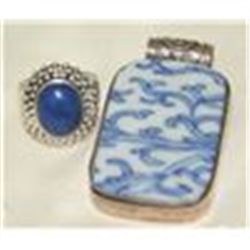 Silver Blue Lopus Ring & Ceramic White Blue Pendan