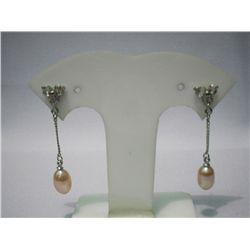 3CZ DANGLING TEARDROP PEACH PEARL EARRINGS