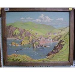 V A Spratt, oil painting on board, naive study "Bay with Houses and Figures" 15" x 19" signed and...