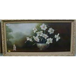 Shiel, oil painting on canvas "Still Life Study of an Oriental Pot of Daffodils with Figures" 12"...