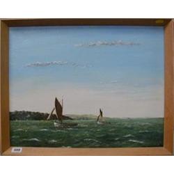 Tom Robertson 1984, oil painting on canvas "Fishing Boats" 14" x 19" with Mall Gallery label to r...