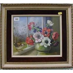 Shiela, oil painting on board, still life study "Windowsill with Vase of Poppies and Bird" 9" x 1...