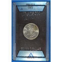 1884-CC GSA MORGAN SILVER DOLLAR, ANACS MS-62, WITH BOX NO CERTIFICATE