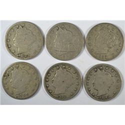 6 DIFFERENT V-NICKELS (83 N/L, 88,89,95,96,12-D) GOOD-XF