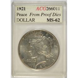 1921 PEACE DOLLAR ACG MS62, COIN GRADED PROPERLY