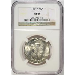 1946-D WALKING LIBERTY HALF DOLLAR, NGC MS-66  SUPERB