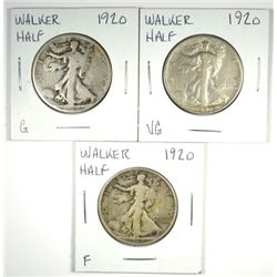 (3) 1920 WALKING LIBERTY HALF DOLLARS "GRADING SET" (GOOD,VG,FINE)
