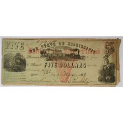 1862 $5 STATE OF MISSISSIPPI NOTE