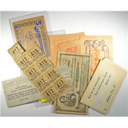 MISC.. LOT OF OF OLD PAPER ITEMS: MILAGE RATION, WOODEN NICKEL BILLS, ECT.