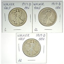 (3) 1917-D OBV WALKING LIBERTY HALF DOLLARS "GRADING SET" (AG,GOOD,VG)