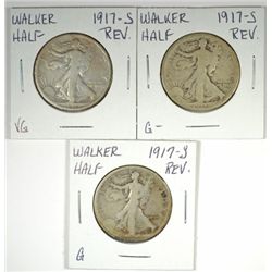 (3) 1917-S REV WALKING LIBERTY HALF DOLLARS "GRADING SET" (AG,GOOD,VG)