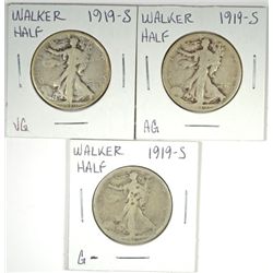 (3) 1919-S  WALKING LIBERTY HALF DOLLARS "GRADING SET" (AG,GOOD,VG)