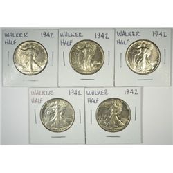 (5) 1942 BU WALKING LIBERTY HALF DOLLARS MS63+