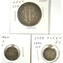 3 LOVE TOKENS (1 ON FIFTY CENT AND 2 ON SEATED LIBERTY DIME)