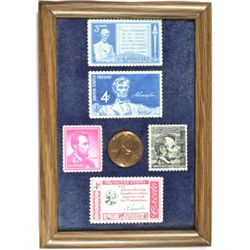 ABRAHAM LINCOLN FRAME WITH STAMPS AND PROOF ONE CENT