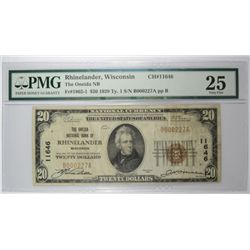 1929 $20 NATIONAL RHINELANDER, WI PMG 25