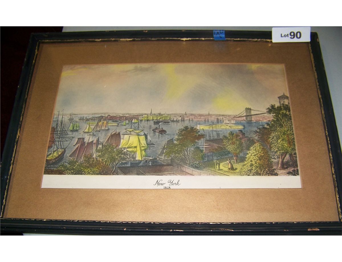 ANTIQUE HAND COLORED ETCHING, NEW YORK HARBOR, 1868