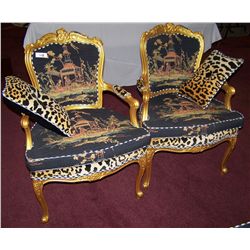 (2x$) PAIR OF EXTRAORDINARY BERGERE CHAIRS W/ ASIAN PATTERN & CHECKERED PIPING