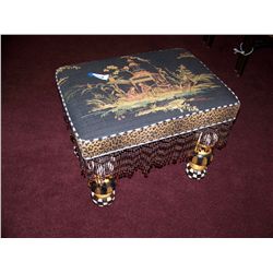 ANTIQUE FOOTSTOOL W/ REUPPHOLSTERED ASIAN PRINT W/ FRINGE