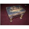 Image 1 : ANTIQUE FOOTSTOOL W/ REUPPHOLSTERED ASIAN PRINT W/ FRINGE