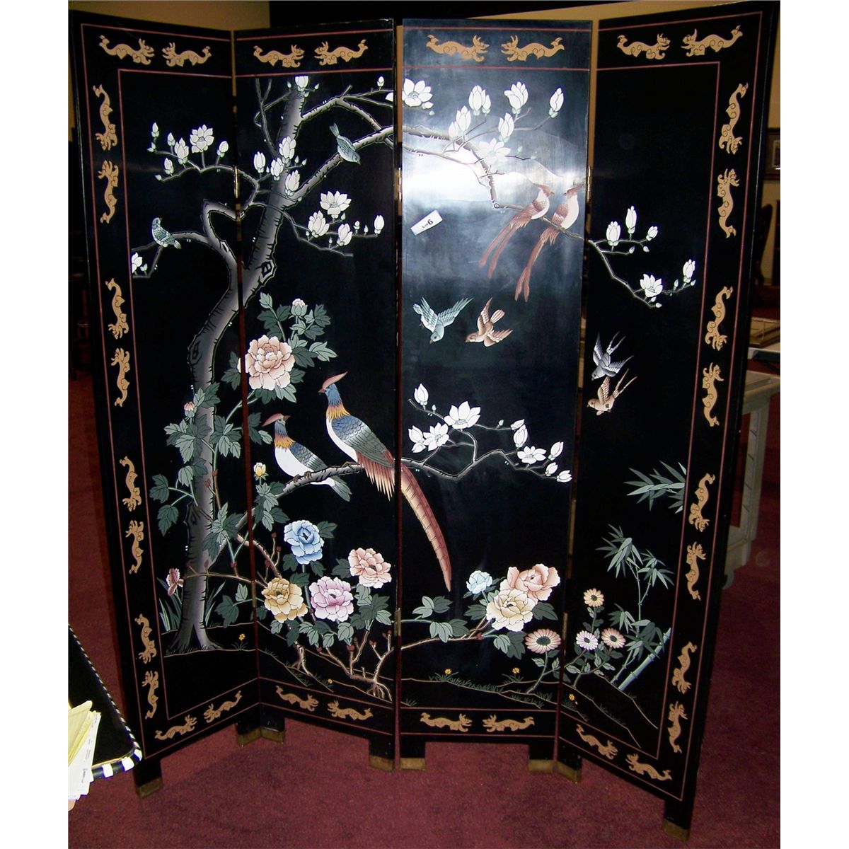 EXQUISITE VINTAGE CHINESE INLAY FOUR PANEL SCREEN, EACH SCREEN 72'T X 18W