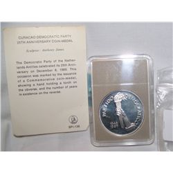 1 OUNCE PURE SILVER 1969 CURACAO DEMOCRATIC PARTY SILVER COIN, MS