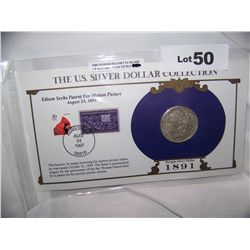 "U.S SILVER DOLLAR COLLECTION" 1891-O U.S MORGAN SILVER DOLLAR, W/ 1S DAY ISSUE STAMP