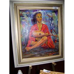 JAY APPERE VINTAGE OIL ON CANVAS FRAMED PAINTING, "BEAUTIFUL GIRL IN KIMINO W/ MANDOLIN"