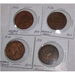 (4X$) CHOICE EARLY AUSTRAILIAN LARGE PENNIES AU- AU+ CONDITION1936-1943