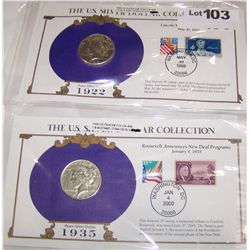 (2X$) 1935 PEACE DOLLAR & 1922 SILVER PEACE DOLLAR W/ 1ST DAY ISSUE STAMPS