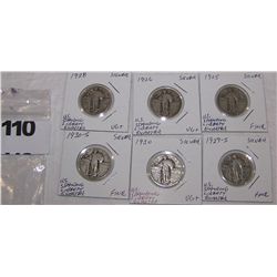 (6X$) U.S SILVER STANDING LIBERTY QUARTERS VG+-FINE CONDITION 1925-1930'S