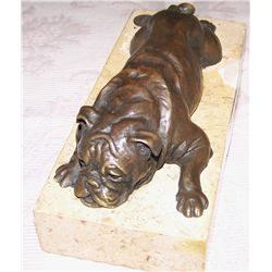 "ENGLISH BULLDOG"  BRONZE SCULPTURE BY ROGER SUN, ON MARBLE BASE