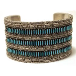 Vintage Old Pawn Zuni Turquoise Petit Point Sterling Silver Cuff Bracelet - HM